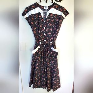 1940's Black Day Dress with Pink Florals